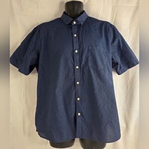 Van Heusen Navy Blue Short Sleeve Shirt Size XL Slim Fit Palm Tree Collar E-1650